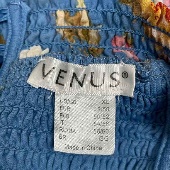 Venus Women's Maxi Cover Up Tunic Top XL Blue Floral Halter Smocked High Slit - Picture 10 of 11